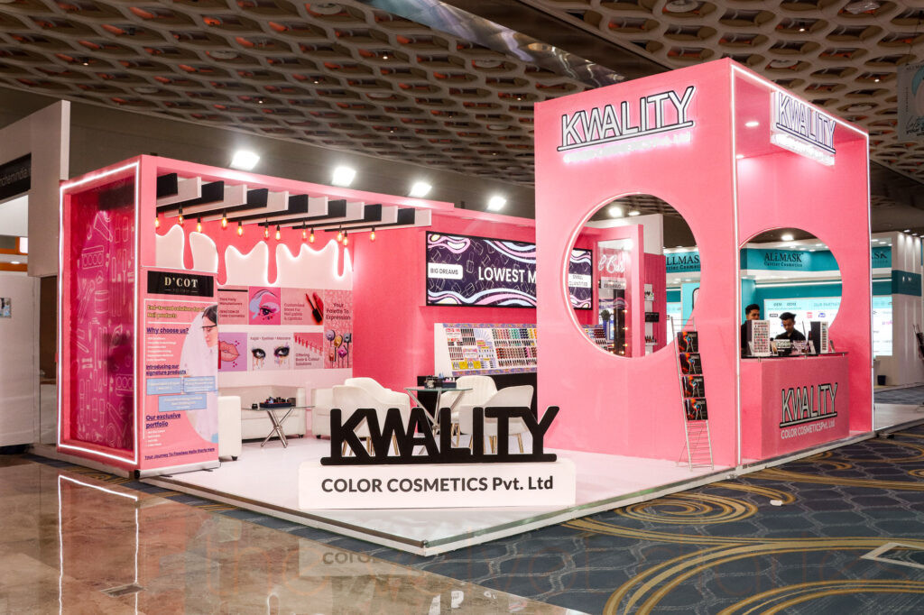 Cosmetics exhibition booth design and branding setup at professional trade show