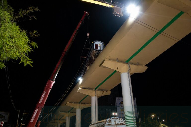 Infrastructure photography of elevated metro rail project during installation work