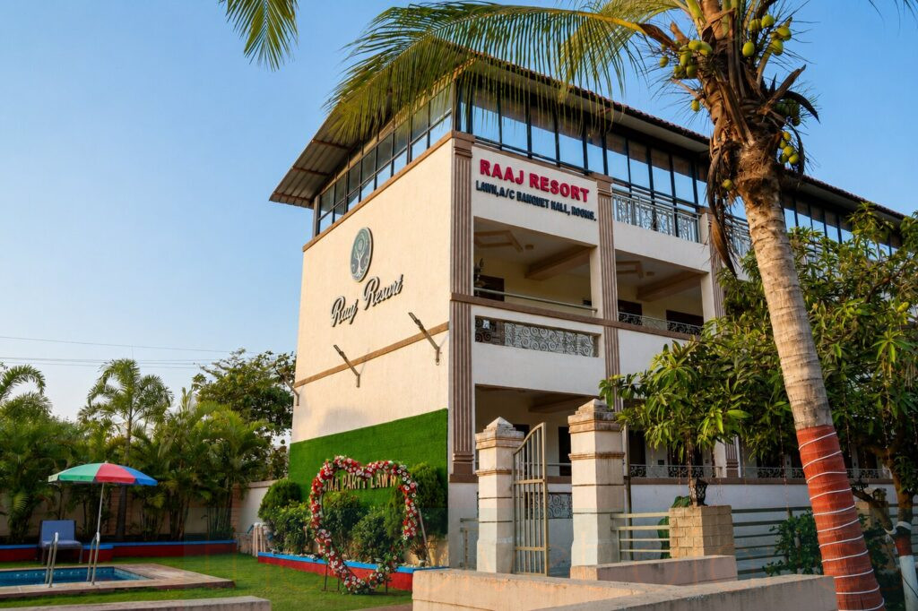 Professional exterior photograph of a resort building captured for hospitality branding and commercial marketing in Panvel.