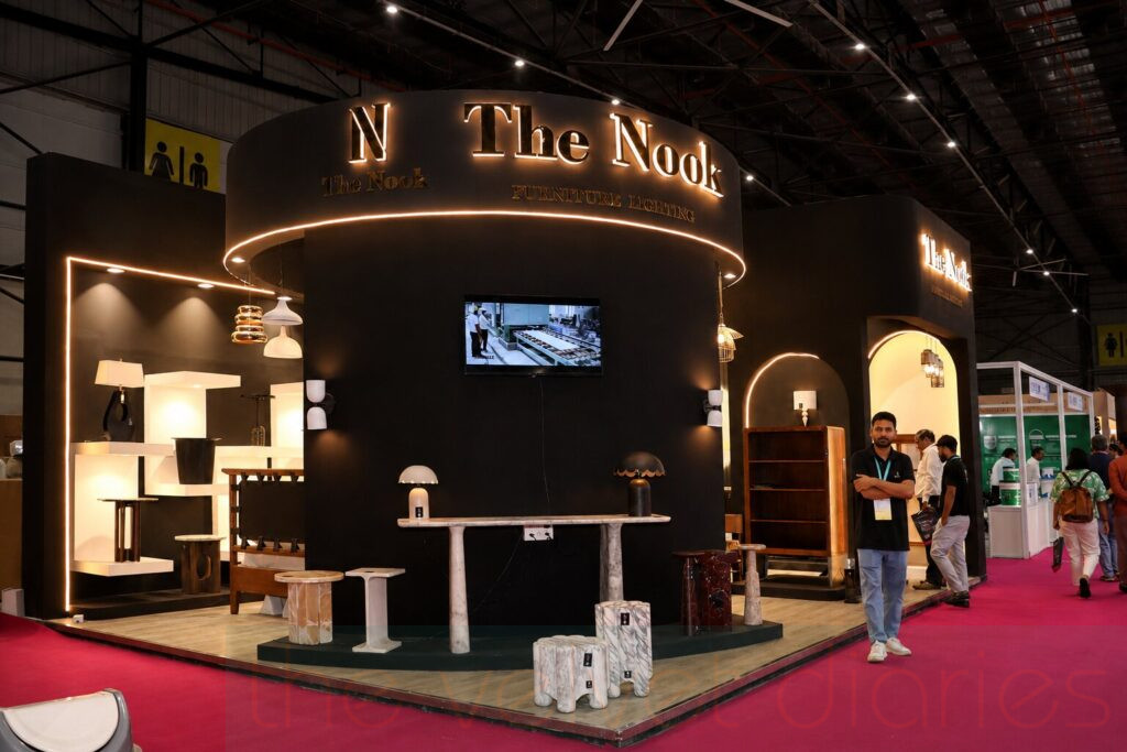Premium exhibition booth photography showcasing luxury furniture and lighting display at NESCO Exhibition Centre Goregaon Mumbai.