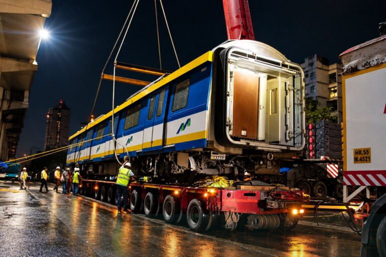 Metro train coach being transported for the MMRDA Metro Line 2B project in Mumbai