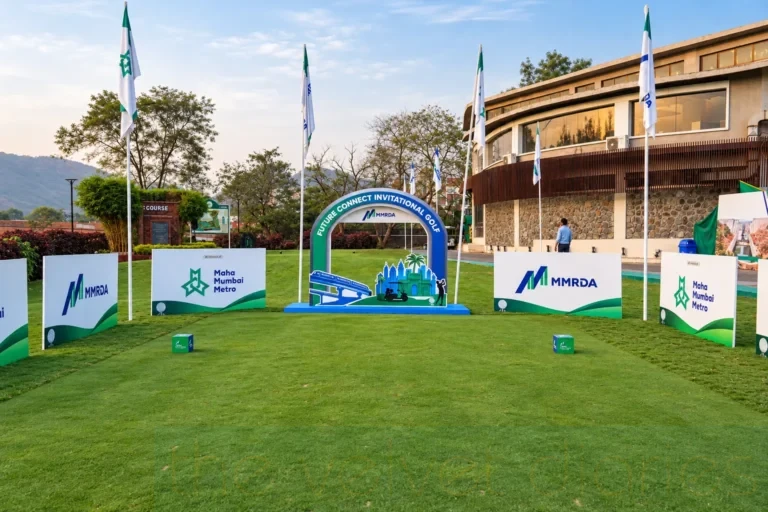 Corporate event photography in Mumbai showcasing the MMRDA Future Connect Invitational Golf event venue with branded displays and event signage