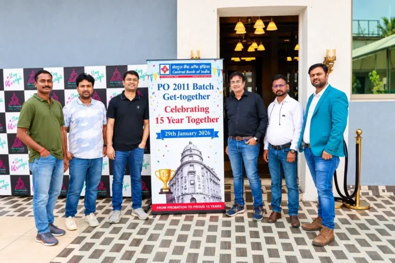 Corporate milestone event photography showing seven members of the Central Bank of India PO 2011 Batch posing beside a banner celebrating their 15-year get-together on 29 January 2026.