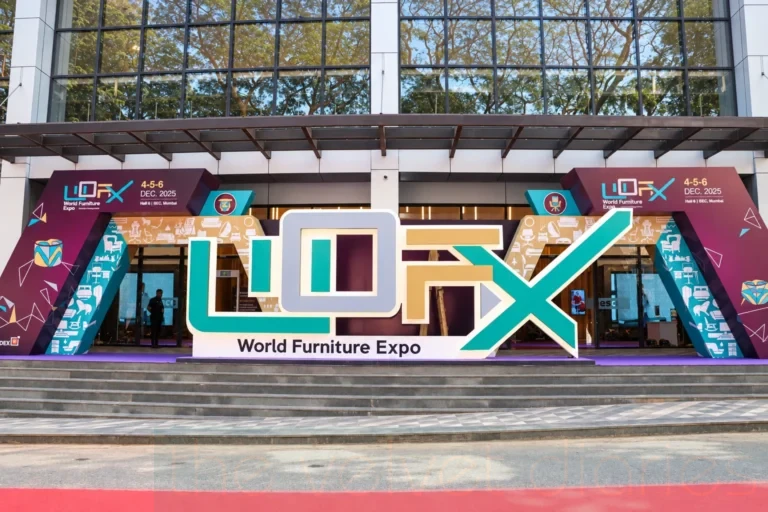 Exhibition branding photography at World Furniture Expo, Bombay Exhibition Centre, Goregaon East, Mumbai, featuring large event signage and branded entrance displays.