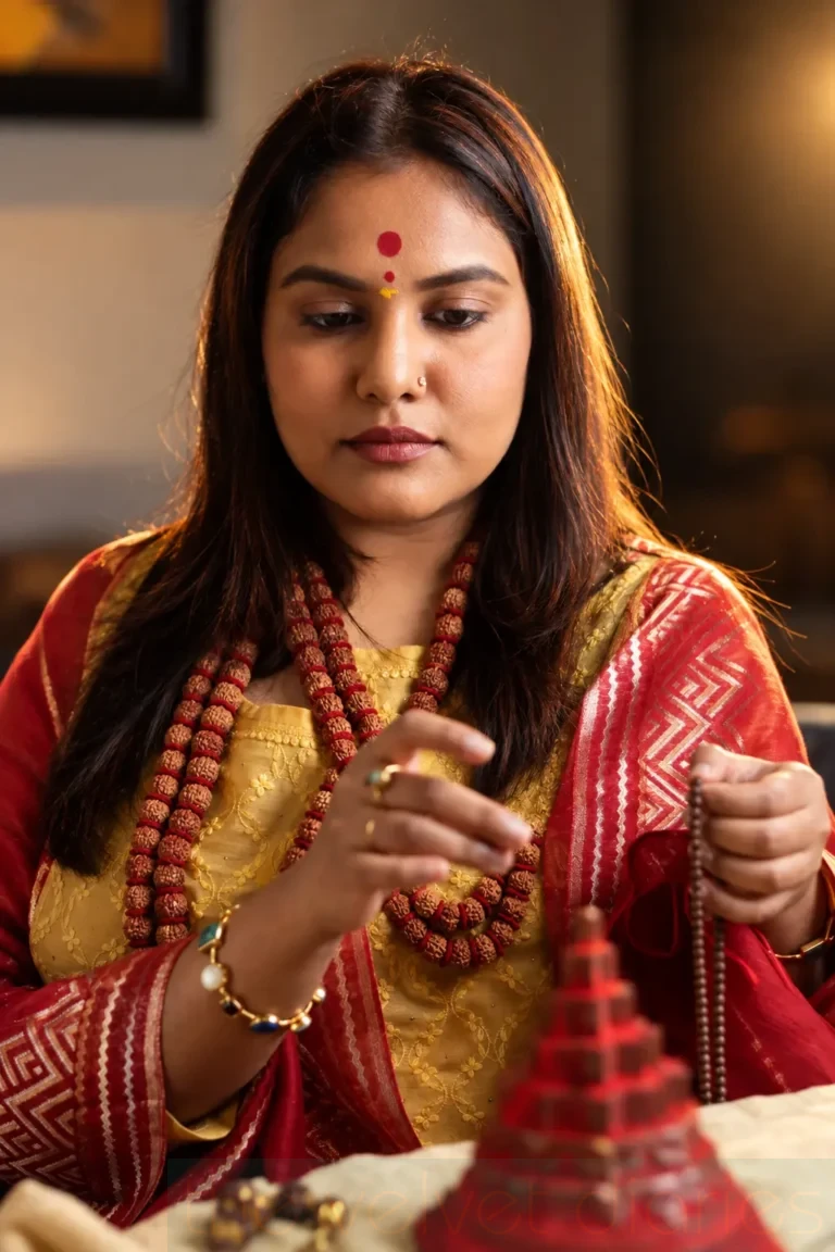 Spiritual personal branding photography featuring a practitioner in traditional Indian attire holding prayer beads during a focused spiritual ritual.