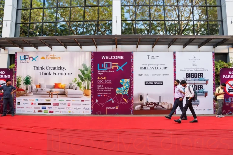 Trade show branding photography featuring World Furniture Expo promotional displays and exhibitor signage at Bombay Exhibition Centre, Goregaon East, Mumbai.